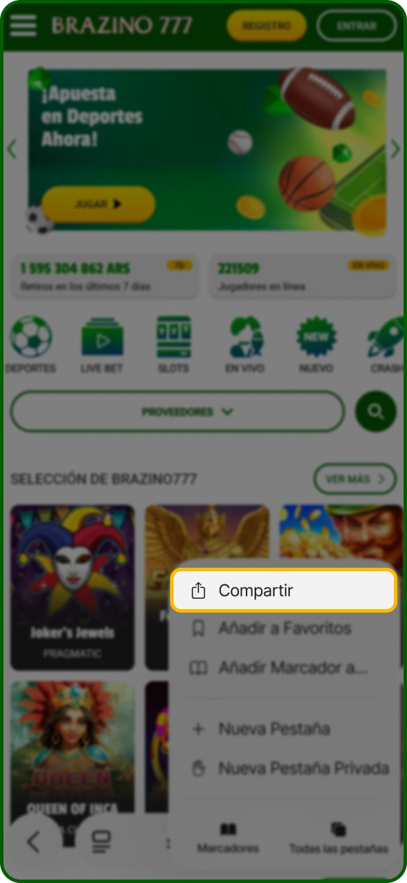 Busca el botón de compartir para obtener la aplicación PWA de Brazino777.