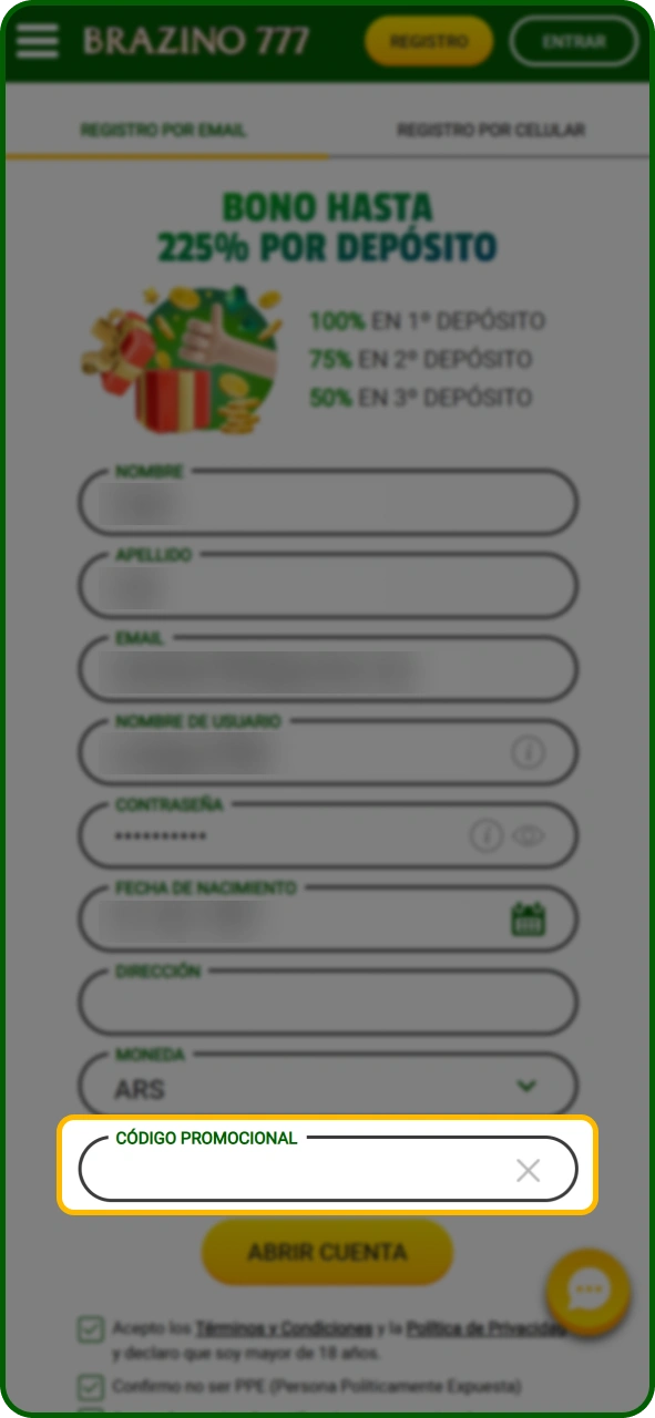 Introduce el código de referencia en el formulario de registro de la aplicación Brazino777.