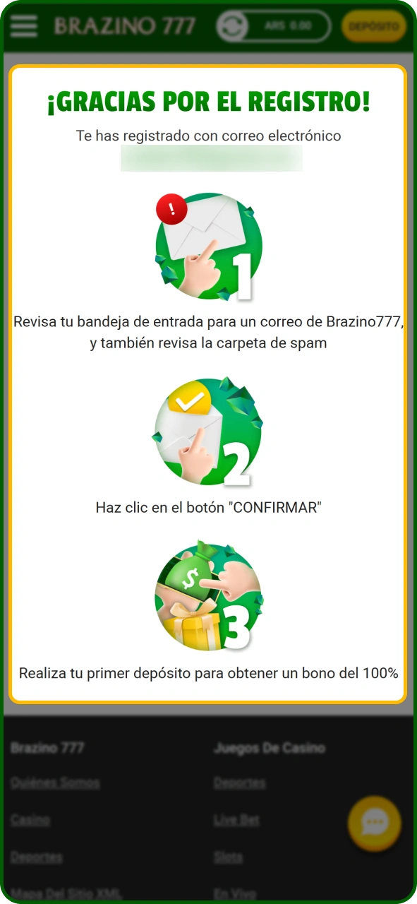 Verifica tu correo electrónico para finalizar el registro en la aplicación Brazino777.